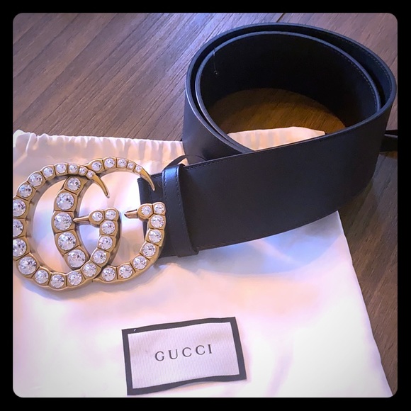 gucci leather belt with crystal double g buckle